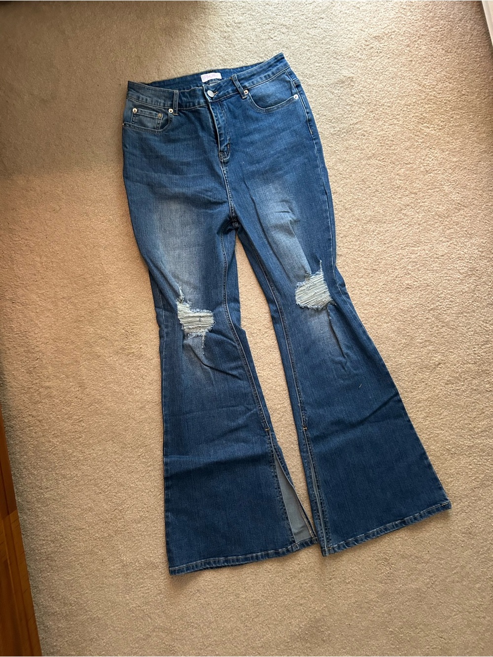 Pink Lily Dark Blue Distressed Flare Jeans